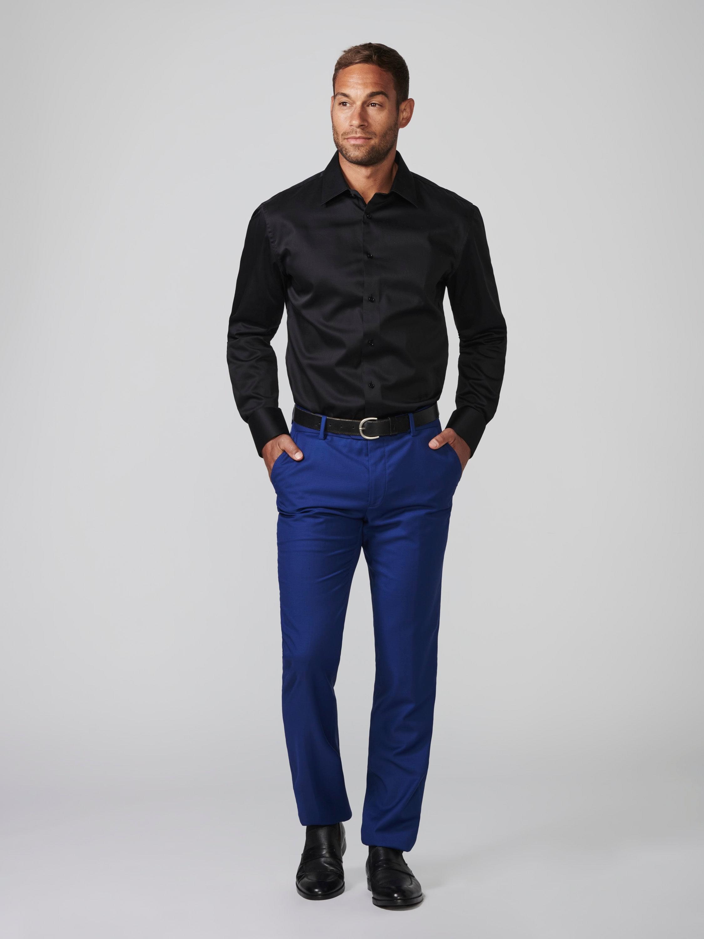 black dress pants with blue shirt