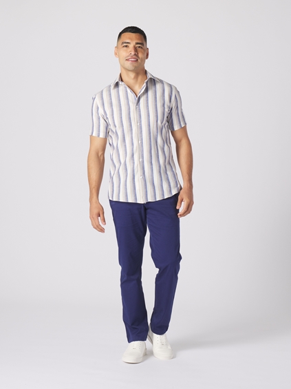 Yarn Dye Linen Stripe Print Dress Shirt - Blue/Tan 