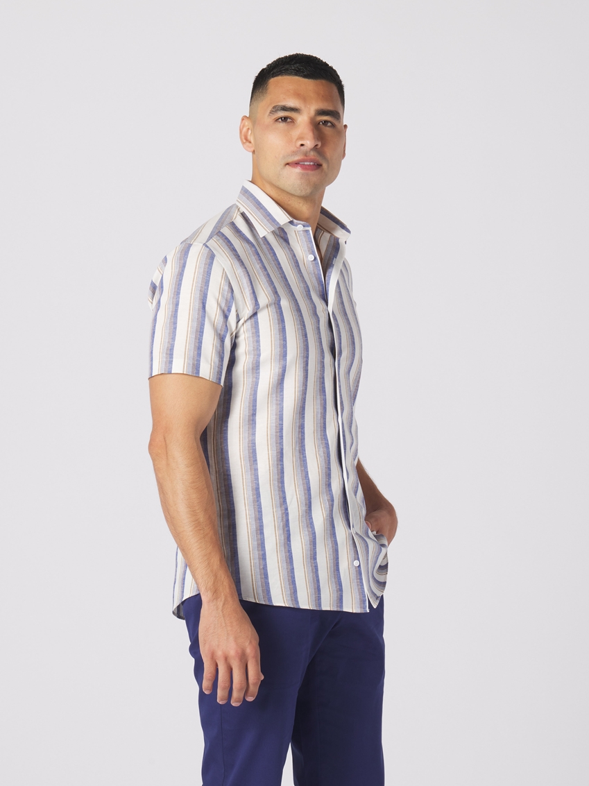 Yarn Dye Linen Stripe Print Dress Shirt - Blue/Tan - TF224