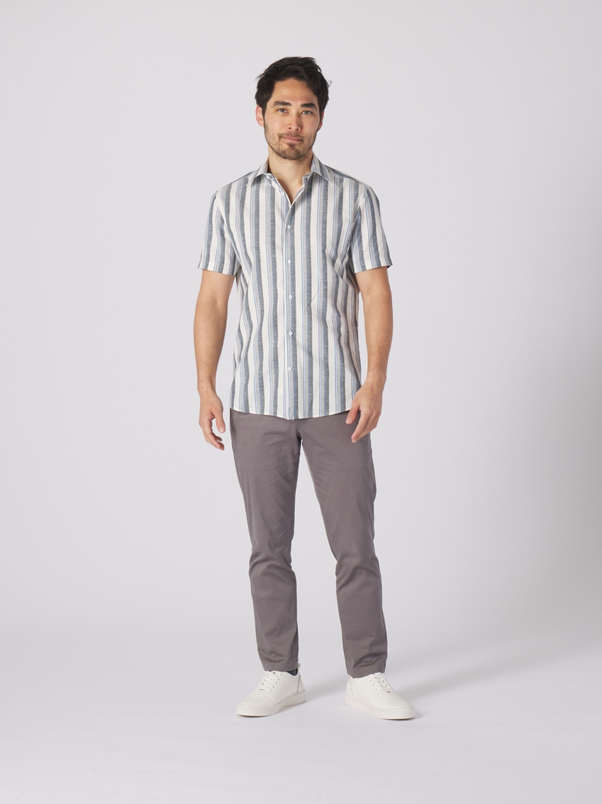Yarn Dye Linen Stripe Print Dress Shirt - Charcoal/Blue - TF225