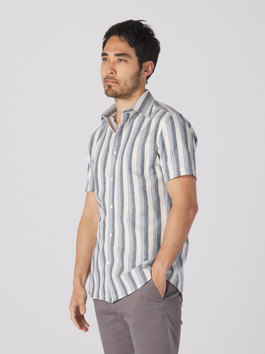 Yarn Dye Linen Stripe Print Dress Shirt - Charcoal/Blue - TF225