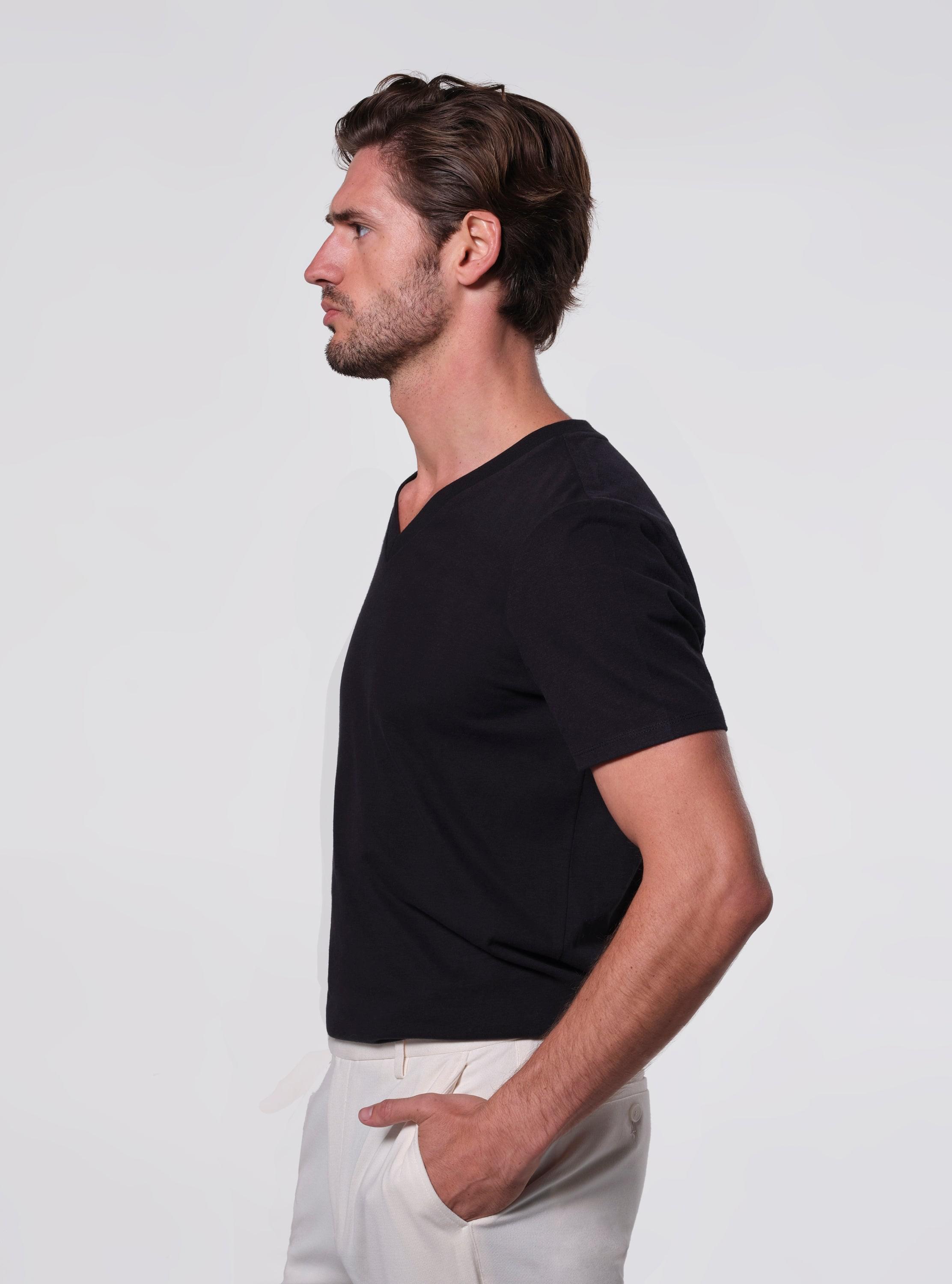 Long Staple Cotton Peached Jersey V-Neck T-Shirt - Black