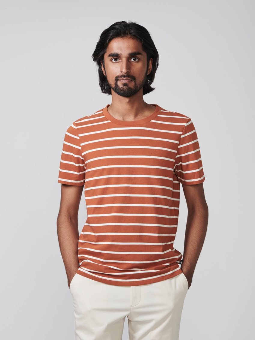 Yarn Dyed Stripe Cotton Jersey Crewneck T-Shirt - Oak Brown / Ivory