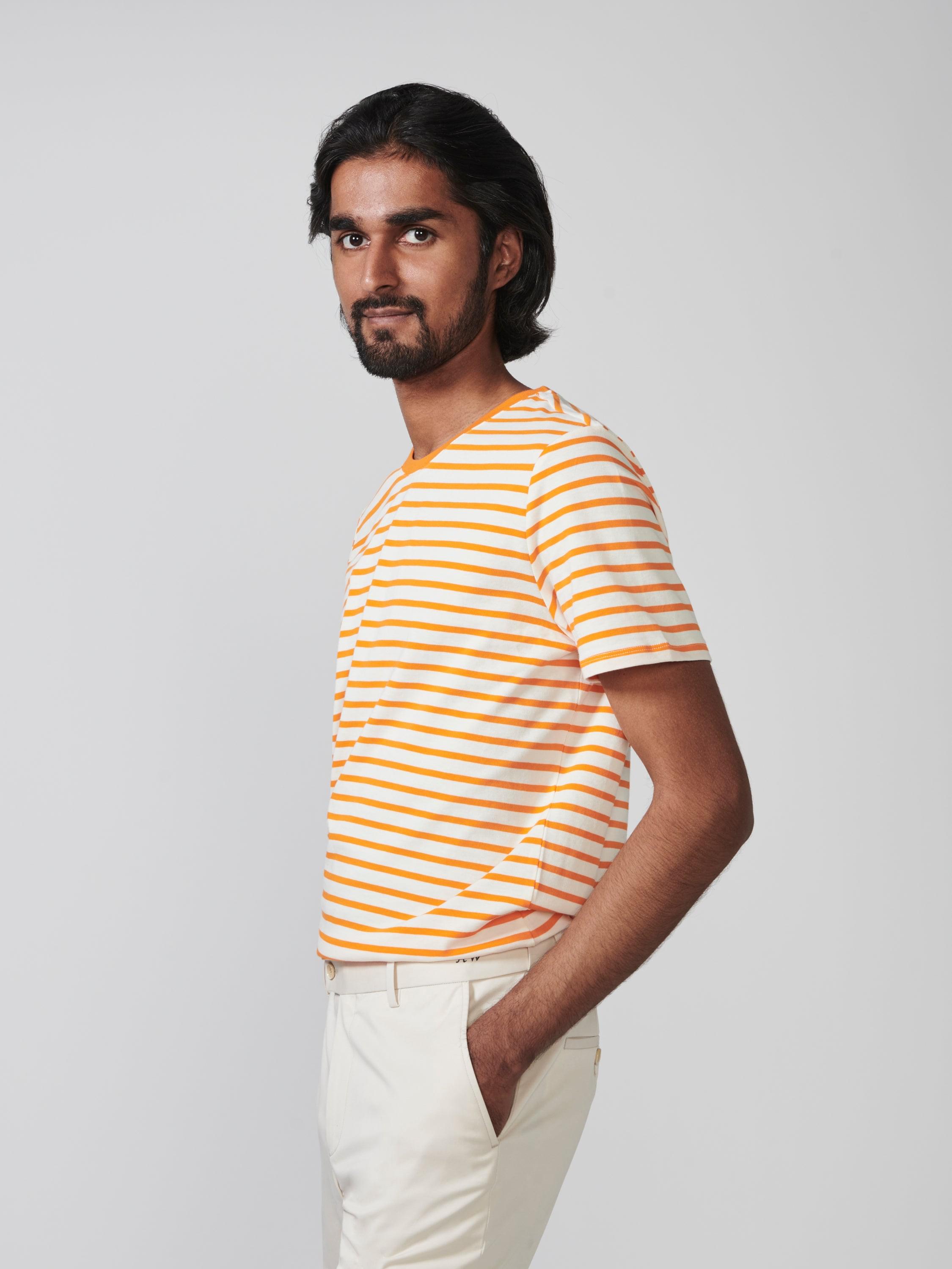 Yarn Dyed Stripe Cotton Jersey Crewneck T-Shirt - Off White / Neon Orange