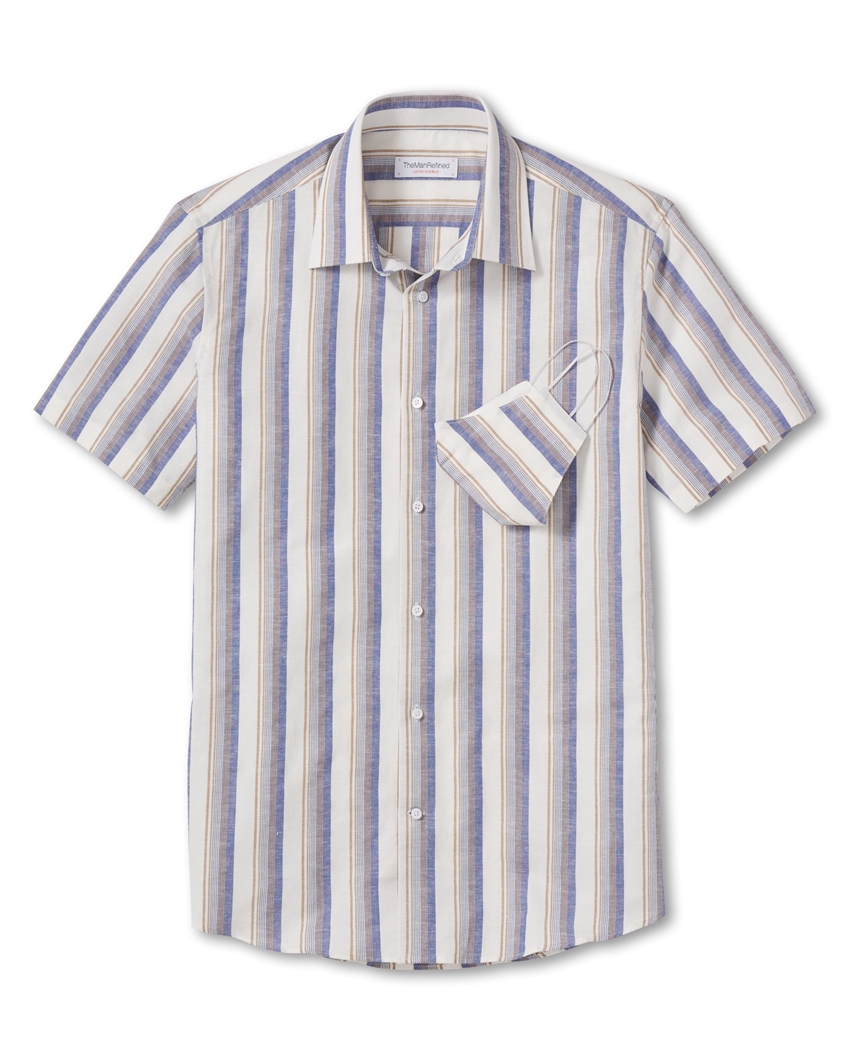 Yarn Dye Linen Stripe Print Dress Shirt - Blue / Tan
