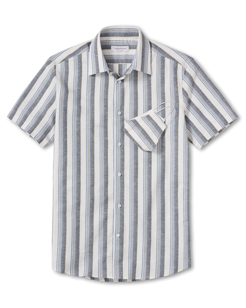 Yarn Dye Linen Stripe Print Dress Shirt - Charcoal / Blue