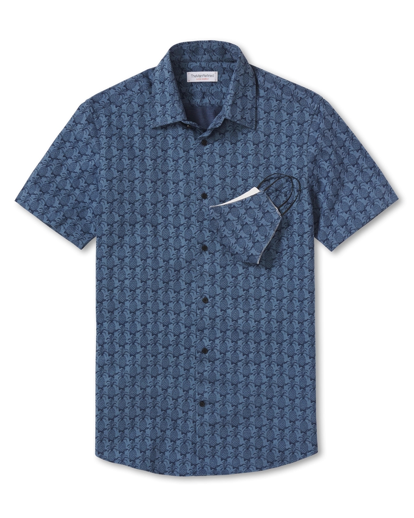 Pineapple Print Knit Dress Shirt - Blue