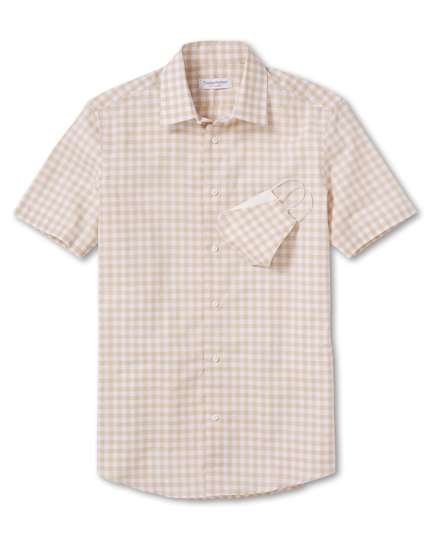 Yarn Dye Medium Check Print Dress Shirt - Tan